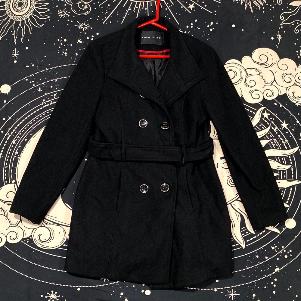 Davinchy Peacoat Womens Black Small Preppy Academia Business Double-Breasted
